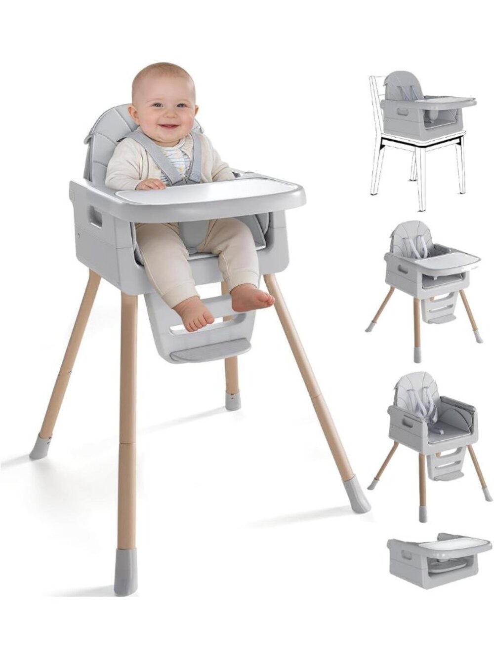 Foldable Baby High Chair for 6 Months+, Adjustable Tray & Footrest, Portable